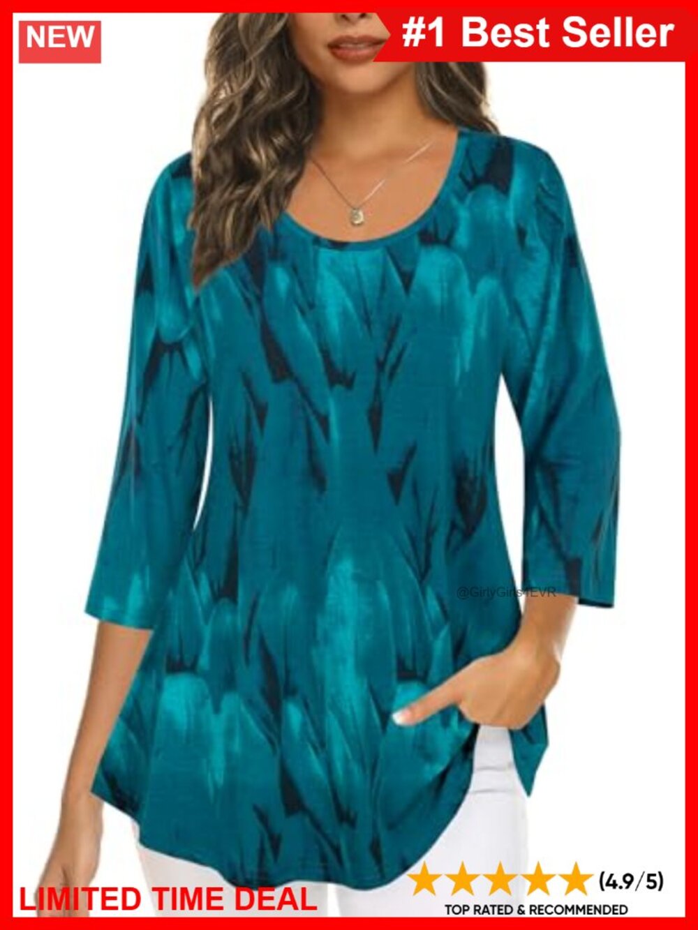 Women's 3/4 Sleeve Pleated Tunic Top Loose Fit Business Casual Blouse